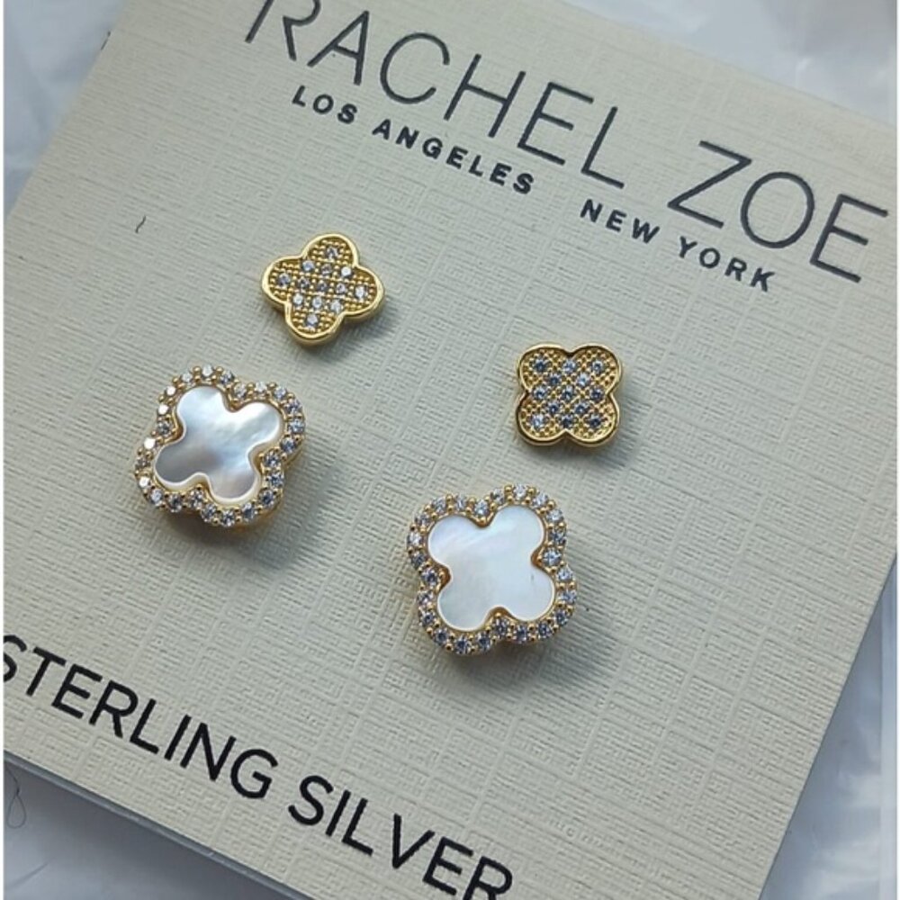 Rachel Zoe Set of 2 Mini earrings Clover Sterling silver 925 Gold Plated - Picture 5 of 13